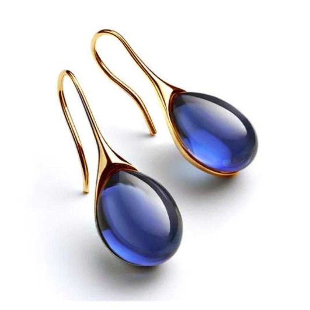 Aqua Glass Teardrop Earrings with Sleek Gold Hook - Earrings