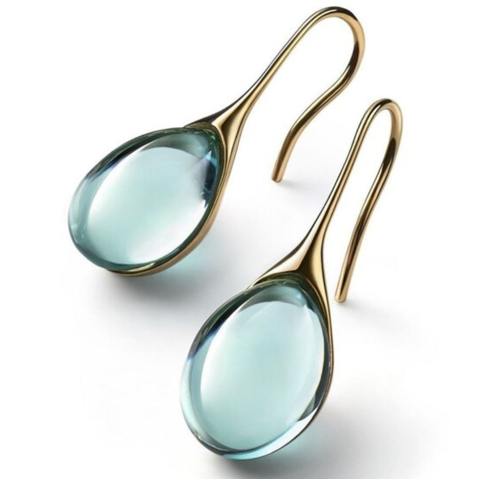 Aqua Glass Teardrop Earrings with Sleek Gold Hook - Earrings