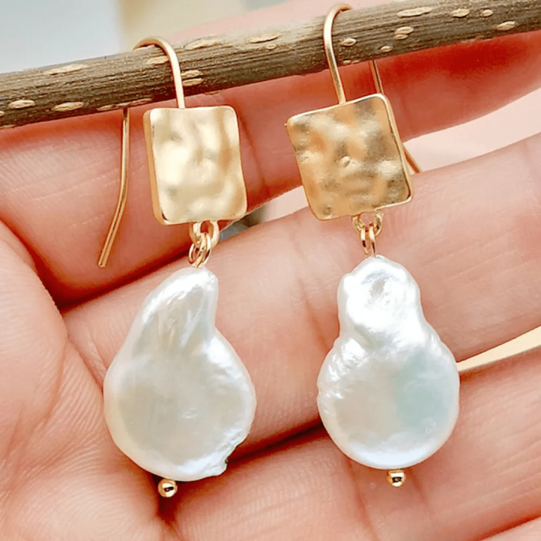Baroque Pearl Drop Earrings with Hammered Gold Accents - Earrings