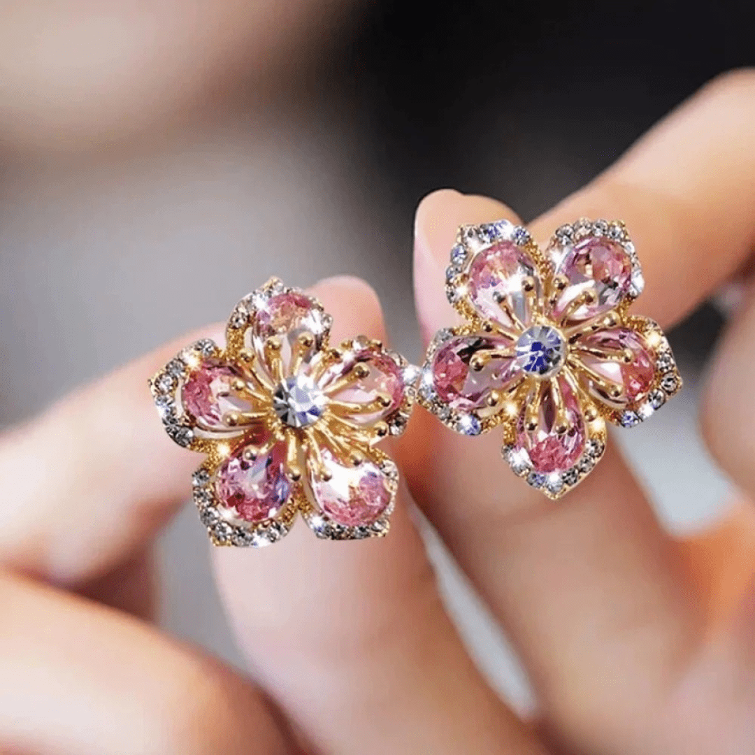 Blooming Crystal Flower Stud Earrings in Gold - Earrings