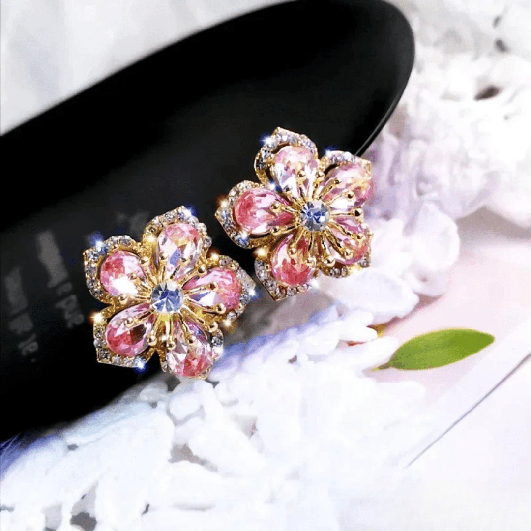 Blooming Crystal Flower Stud Earrings in Gold - Earrings