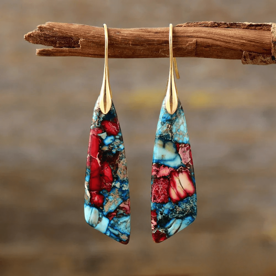 Bohemian Long Drop Earrings – Irregular Multicolor Stone & Gold Accent - Earrings
