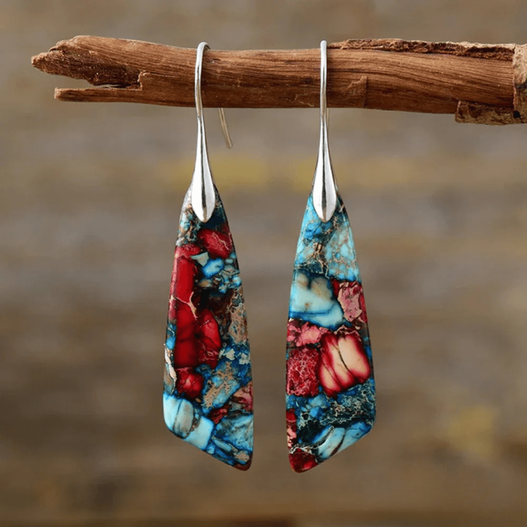 Bohemian Long Drop Earrings – Irregular Multicolor Stone & Gold Accent - Earrings