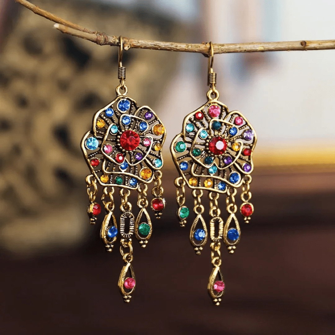 Bohemian Multicolor Chandelier Earrings with Vintage Gold Finish - Earrings