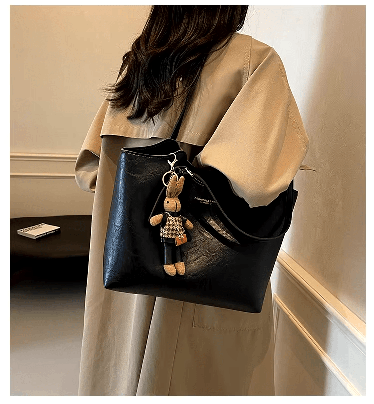 Chic Leather Tote Bag with Playful Charm – Elegance Meets Fun - Shoulder Bag