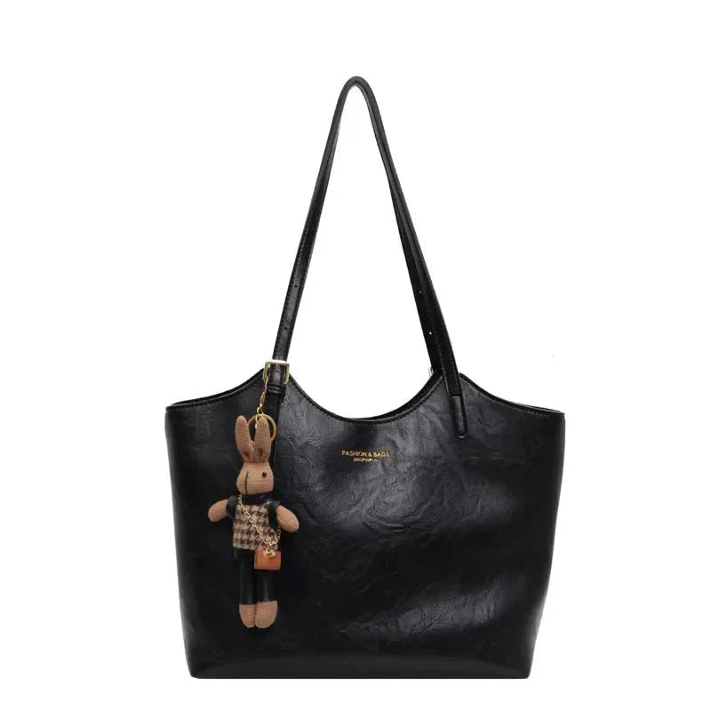 Chic Leather Tote Bag with Playful Charm – Elegance Meets Fun - Shoulder Bag
