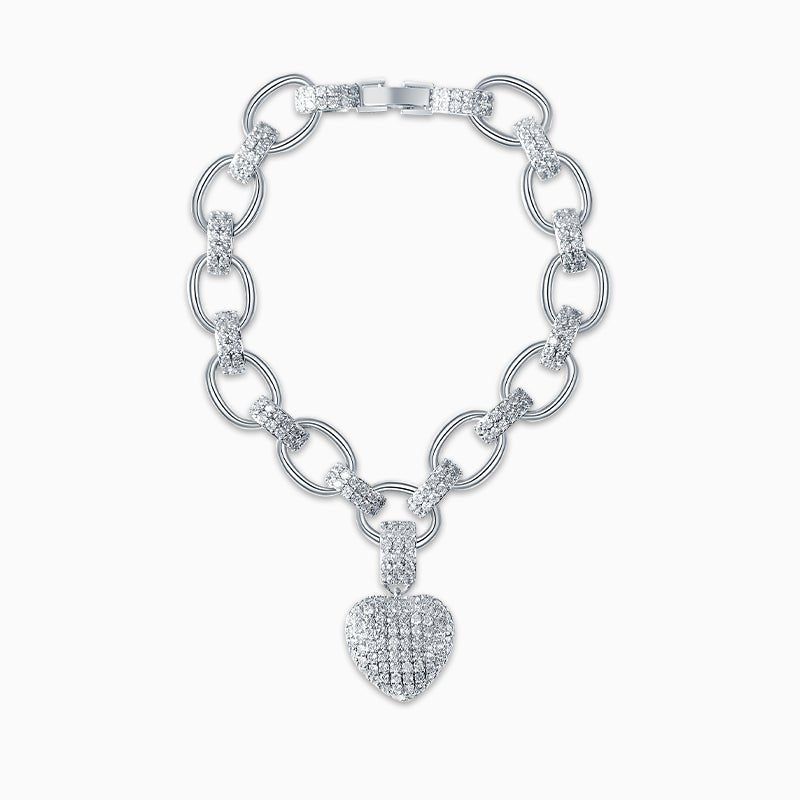 Chunky Silver Heart Pendant Link Necklace - Bracelets