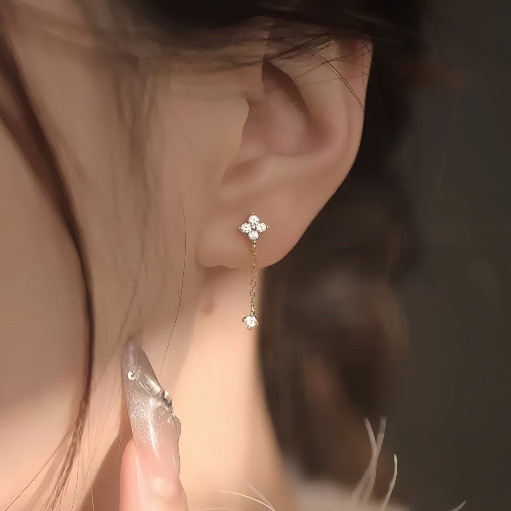 Clover Drop Chain Crystal Earrings - Earrings