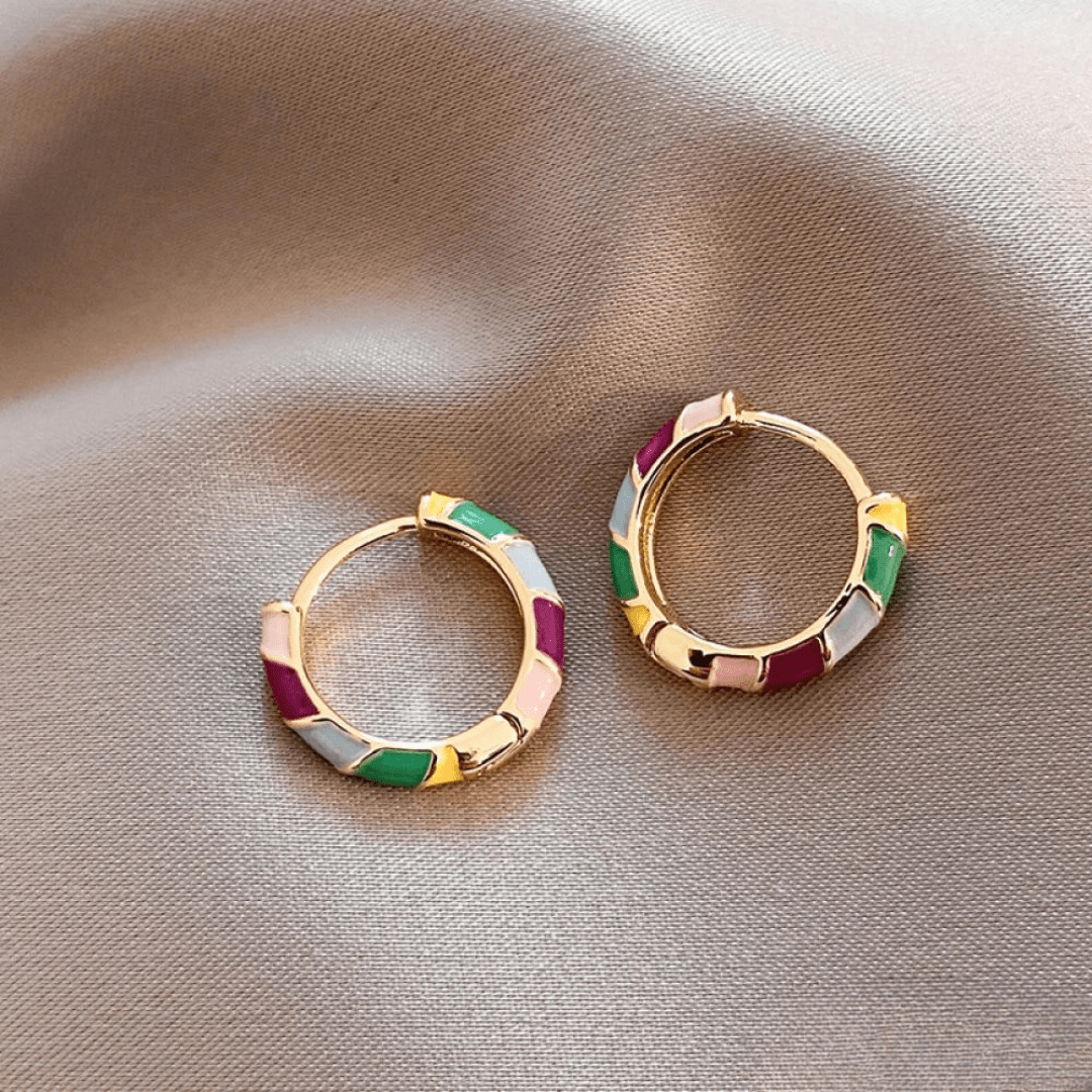 Color - Block Enamel Hoop Earrings in Gold Finish - Earrings