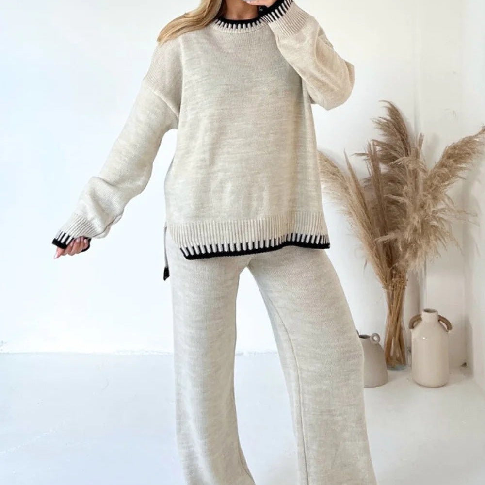 Contrast Trim Knit Sweater & Wide - Leg Trouser Set – Cozy and Chic - Women's Outfit Set