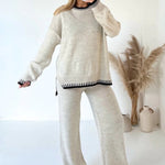 Contrast Trim Knit Sweater & Wide - Leg Trouser Set – Cozy and Chic - Women's Outfit Set