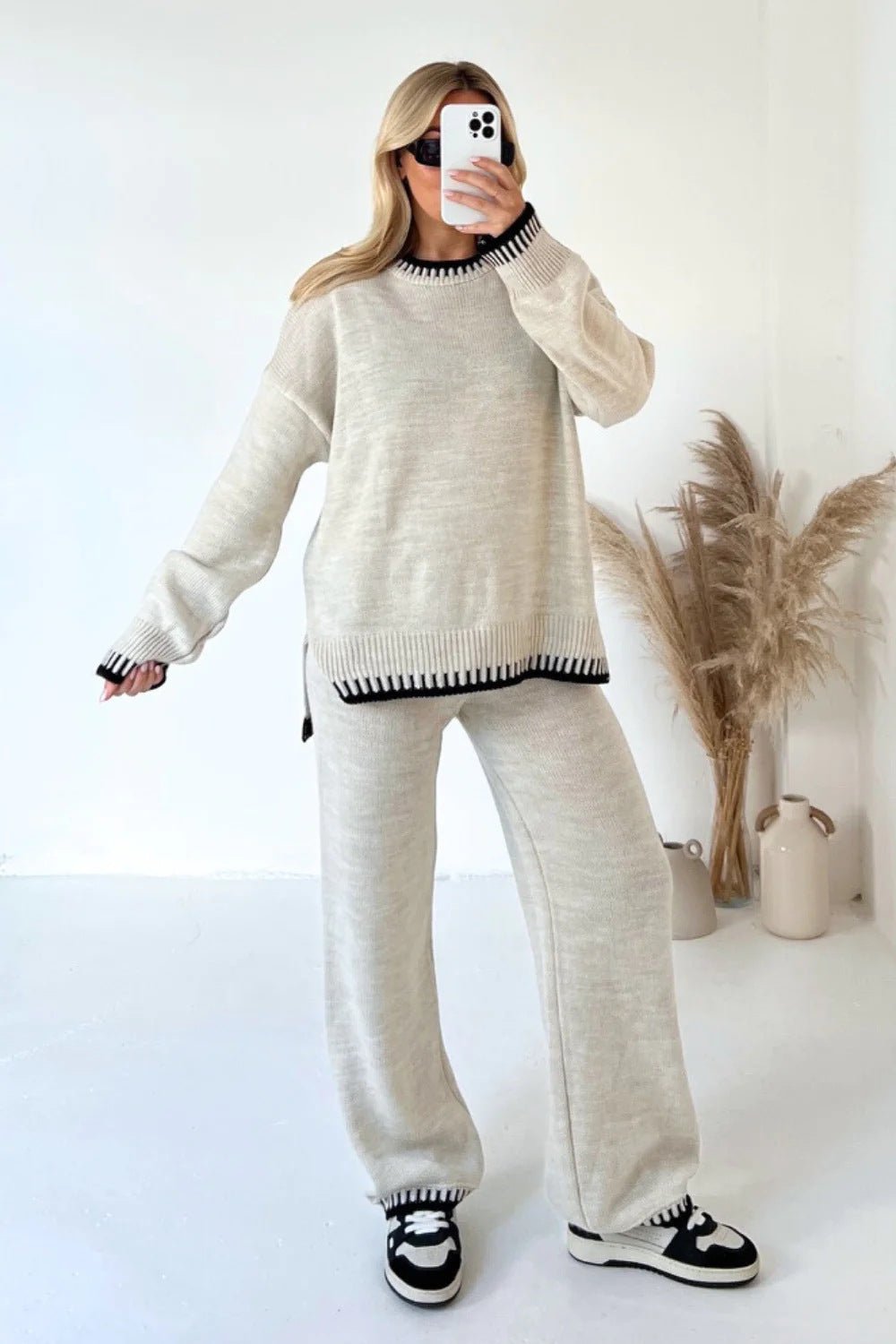 Contrast Trim Knit Sweater & Wide - Leg Trouser Set – Cozy and Chic - Women's Outfit Set