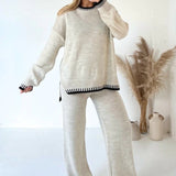 Contrast Trim Knit Sweater & Wide - Leg Trouser Set – Cozy and Chic - Women's Outfit Set
