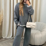 Contrast Trim Knit Sweater & Wide - Leg Trouser Set – Cozy and Chic - Women's Outfit Set