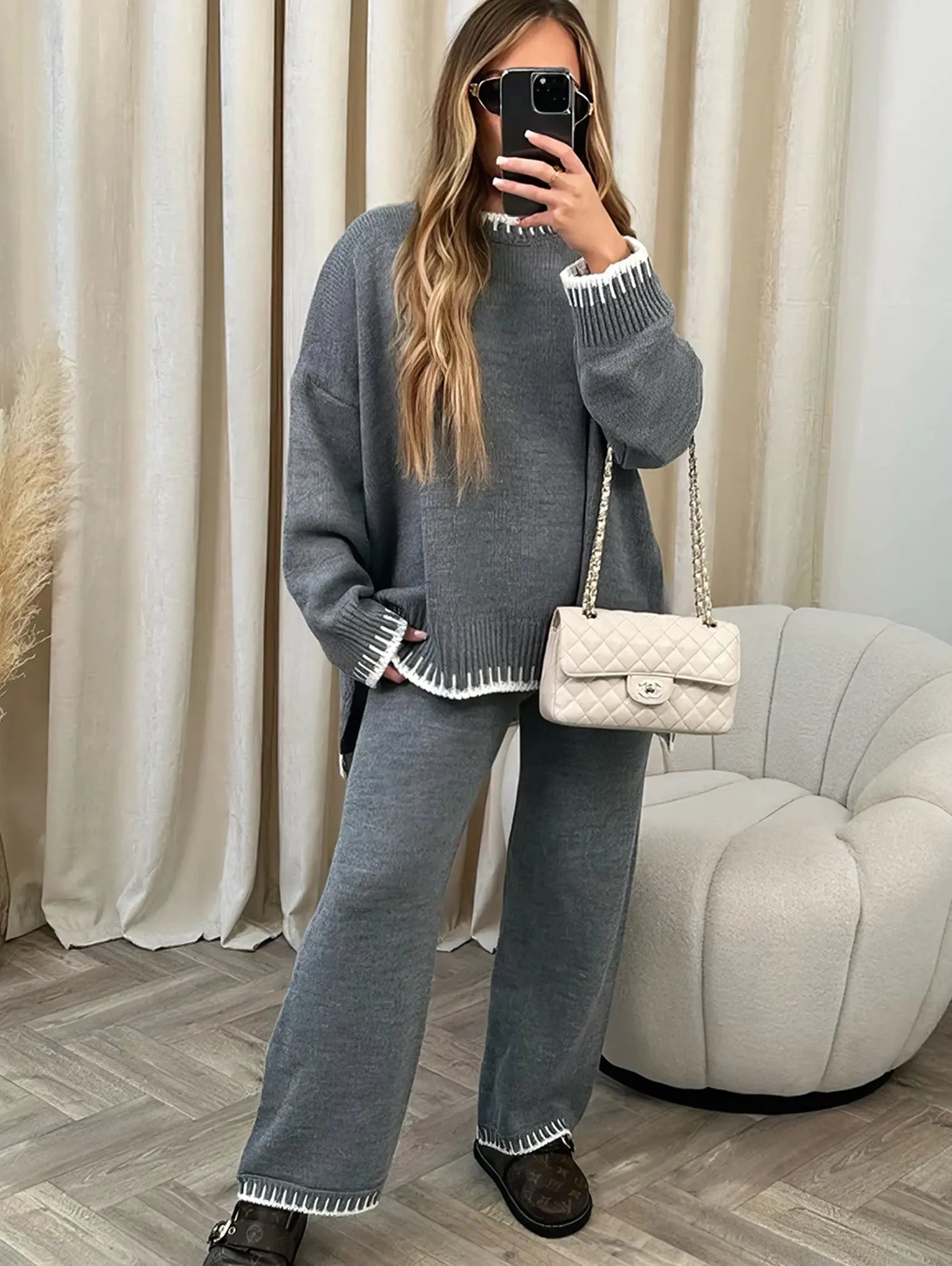 Contrast Trim Knit Sweater & Wide - Leg Trouser Set – Cozy and Chic - Women's Outfit Set