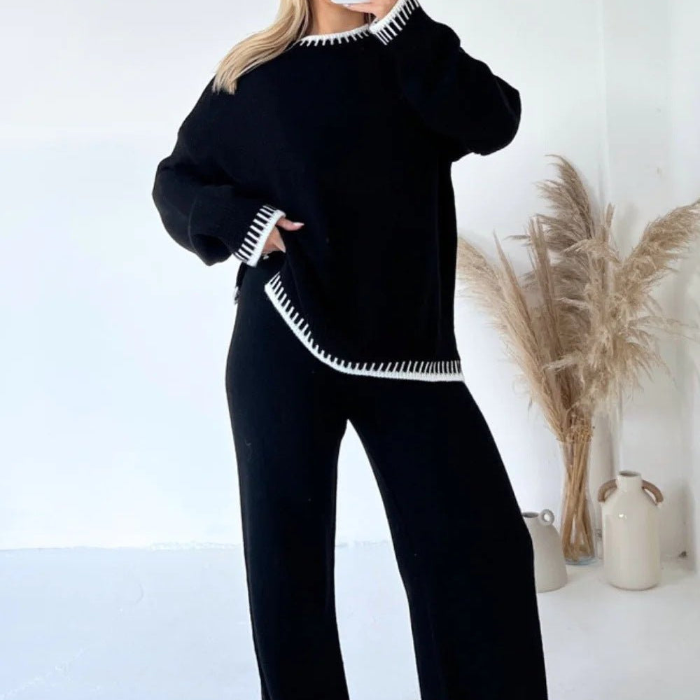 Contrast Trim Knit Sweater & Wide - Leg Trouser Set – Cozy and Chic - Women's Outfit Set