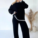 Contrast Trim Knit Sweater & Wide - Leg Trouser Set – Cozy and Chic - Women's Outfit Set