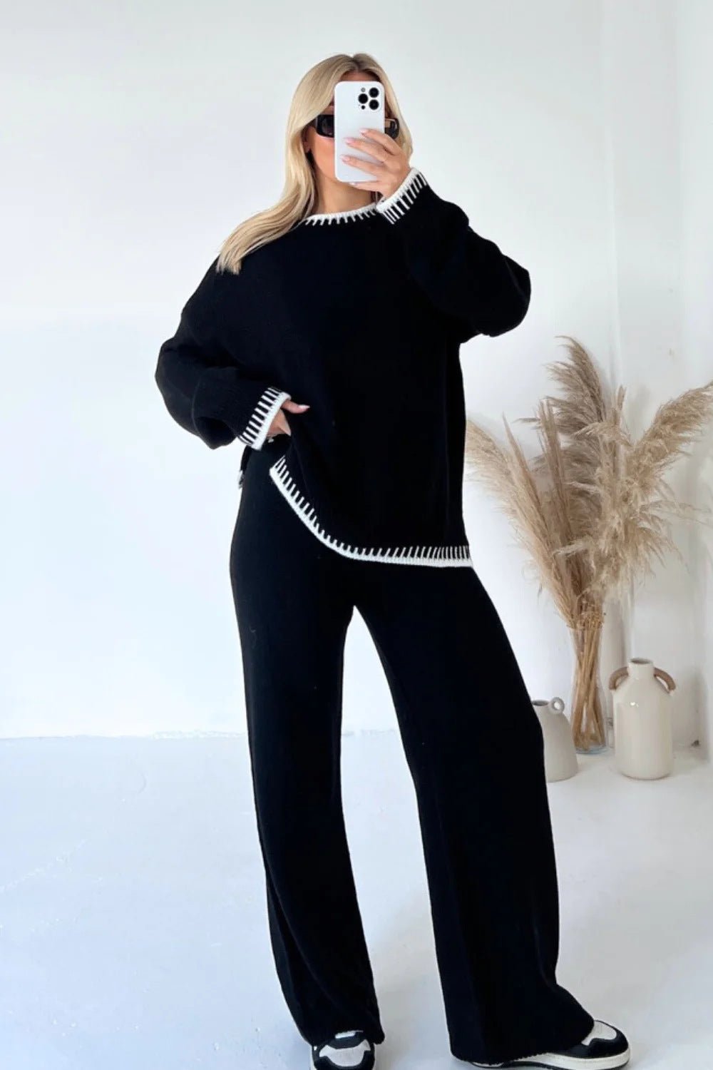 Contrast Trim Knit Sweater & Wide - Leg Trouser Set – Cozy and Chic - Women's Outfit Set
