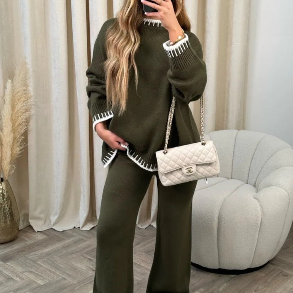 Contrast Trim Knit Sweater & Wide - Leg Trouser Set – Cozy and Chic - Women's Outfit Set