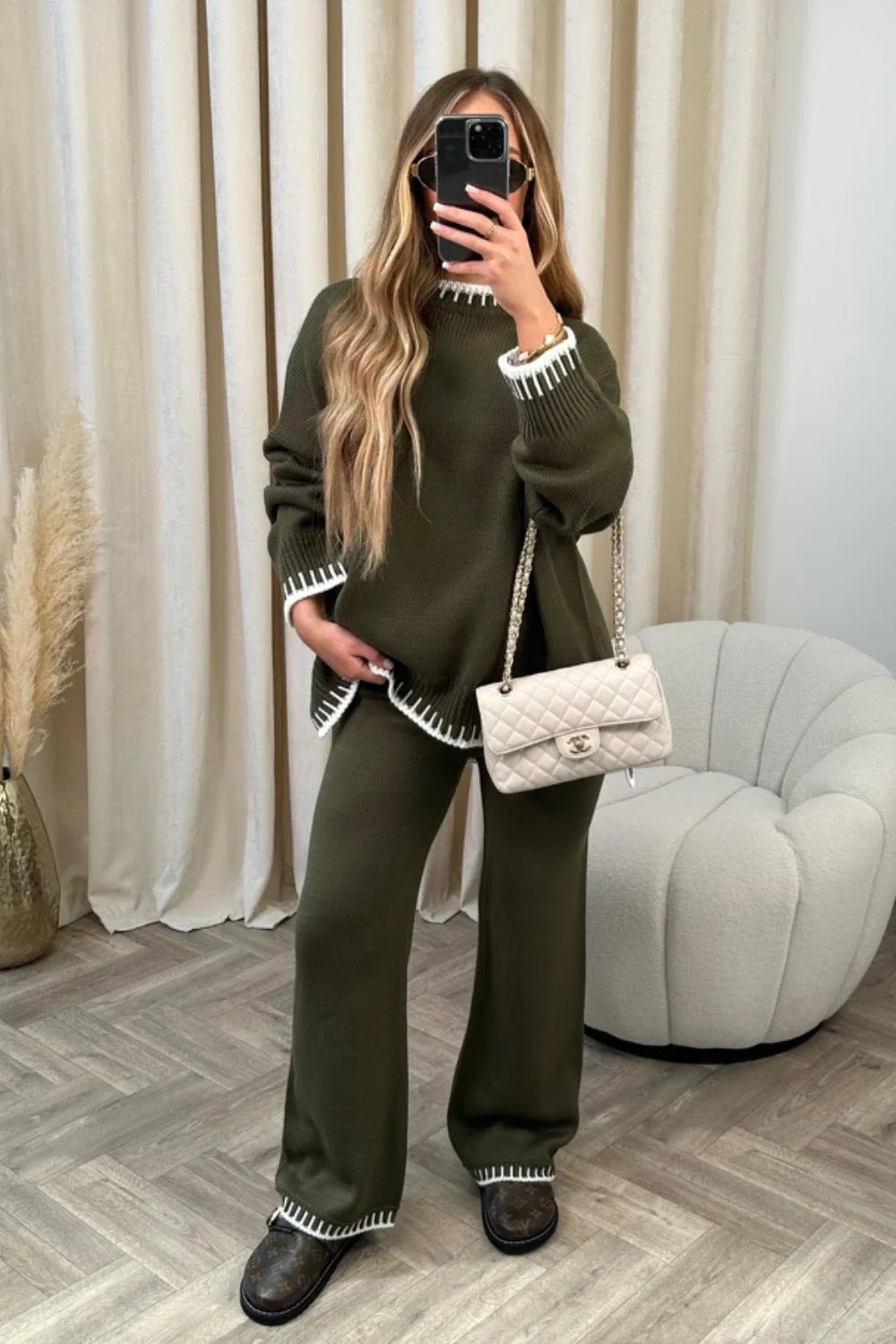 Contrast Trim Knit Sweater & Wide - Leg Trouser Set – Cozy and Chic - Women's Outfit Set