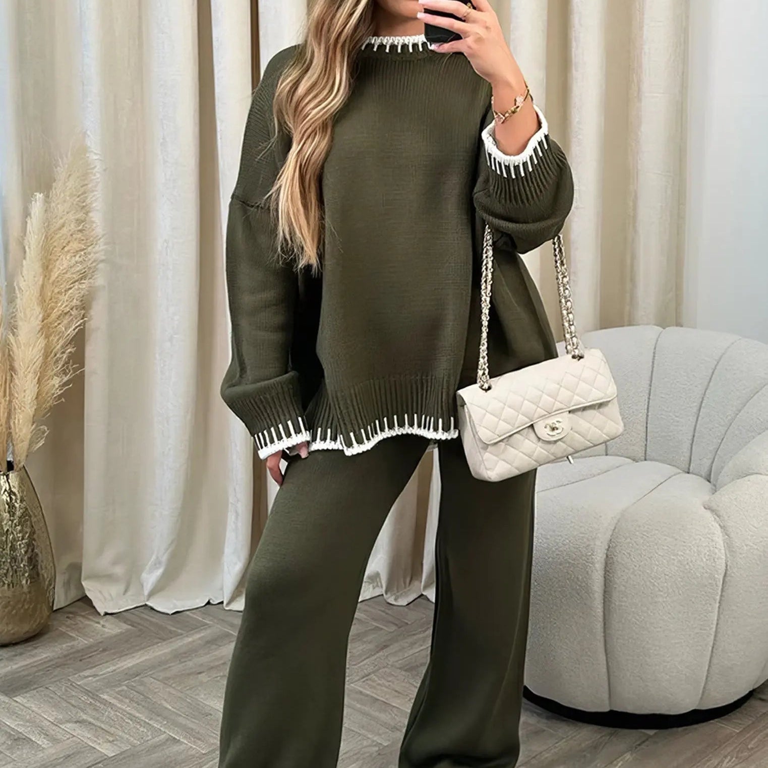 Contrast Trim Knit Sweater & Wide - Leg Trouser Set – Cozy and Chic - Women's Outfit Set