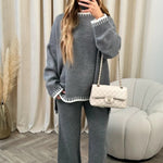 Contrast Trim Knit Sweater & Wide - Leg Trouser Set – Cozy and Chic - Women's Outfit Set