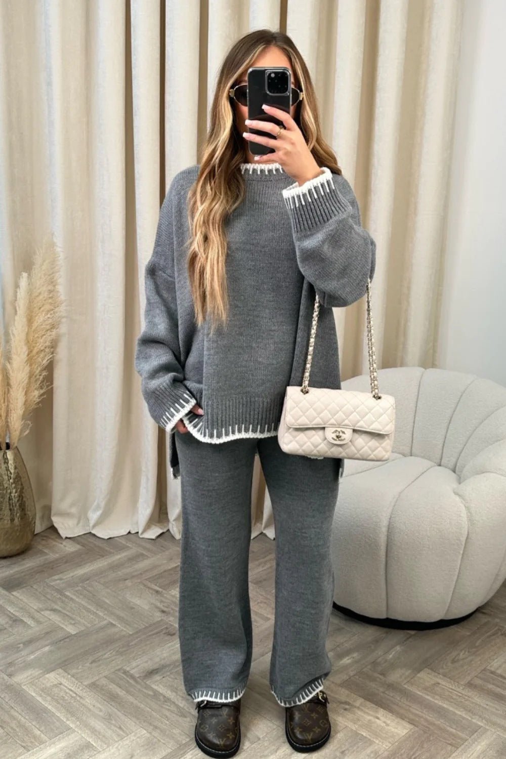 Contrast Trim Knit Sweater & Wide - Leg Trouser Set – Cozy and Chic - Women's Outfit Set