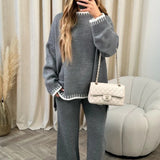 Contrast Trim Knit Sweater & Wide - Leg Trouser Set – Cozy and Chic - Women's Outfit Set