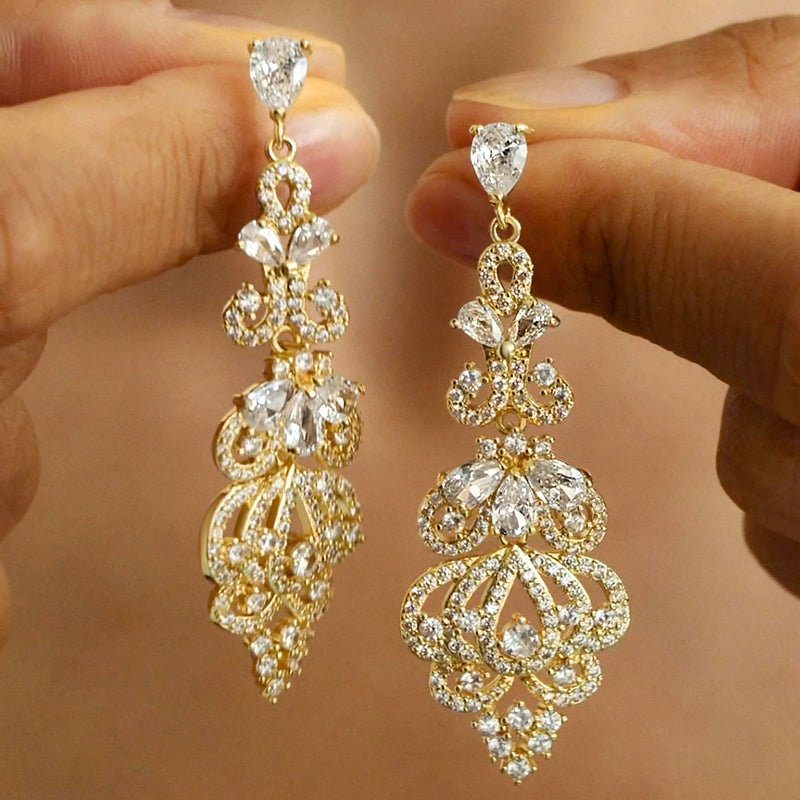 Crystal Chandelier Drop Earrings in Gold Filigree - Earrings