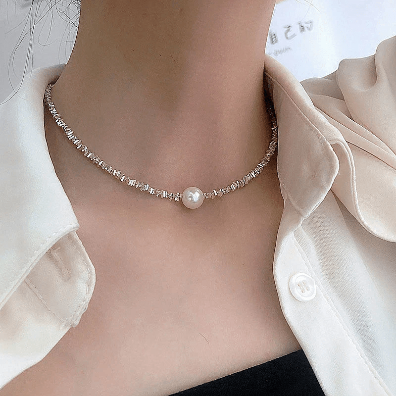 Crystal Choker Necklace with Center Pearl Accent - Necklaces