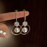 Crystal - Encrusted Pearl Drop Earrings with Gold Hoop - Earrings
