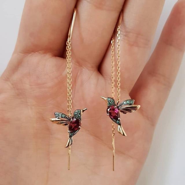 Crystal Hummingbird Threader Earrings – Gold Chain Drop - Earrings