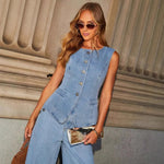 Denim Waistcoat & Wide - Leg Trouser Co - ord Set – Effortless Style - Women's Outfit Set