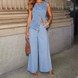 Denim Waistcoat & Wide - Leg Trouser Co - ord Set – Effortless Style - Women's Outfit Set
