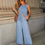 Denim Waistcoat & Wide - Leg Trouser Co - ord Set – Effortless Style - Women's Outfit Set