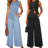 Denim Waistcoat & Wide - Leg Trouser Co - ord Set – Effortless Style - Women's Outfit Set