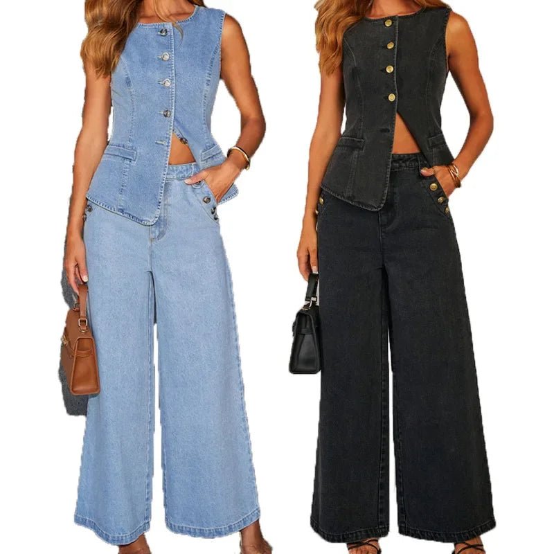 Denim Waistcoat & Wide - Leg Trouser Co - ord Set – Effortless Style - Women's Outfit Set