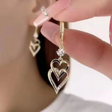Double Heart Drop Earrings with Crystal Accents - Earrings