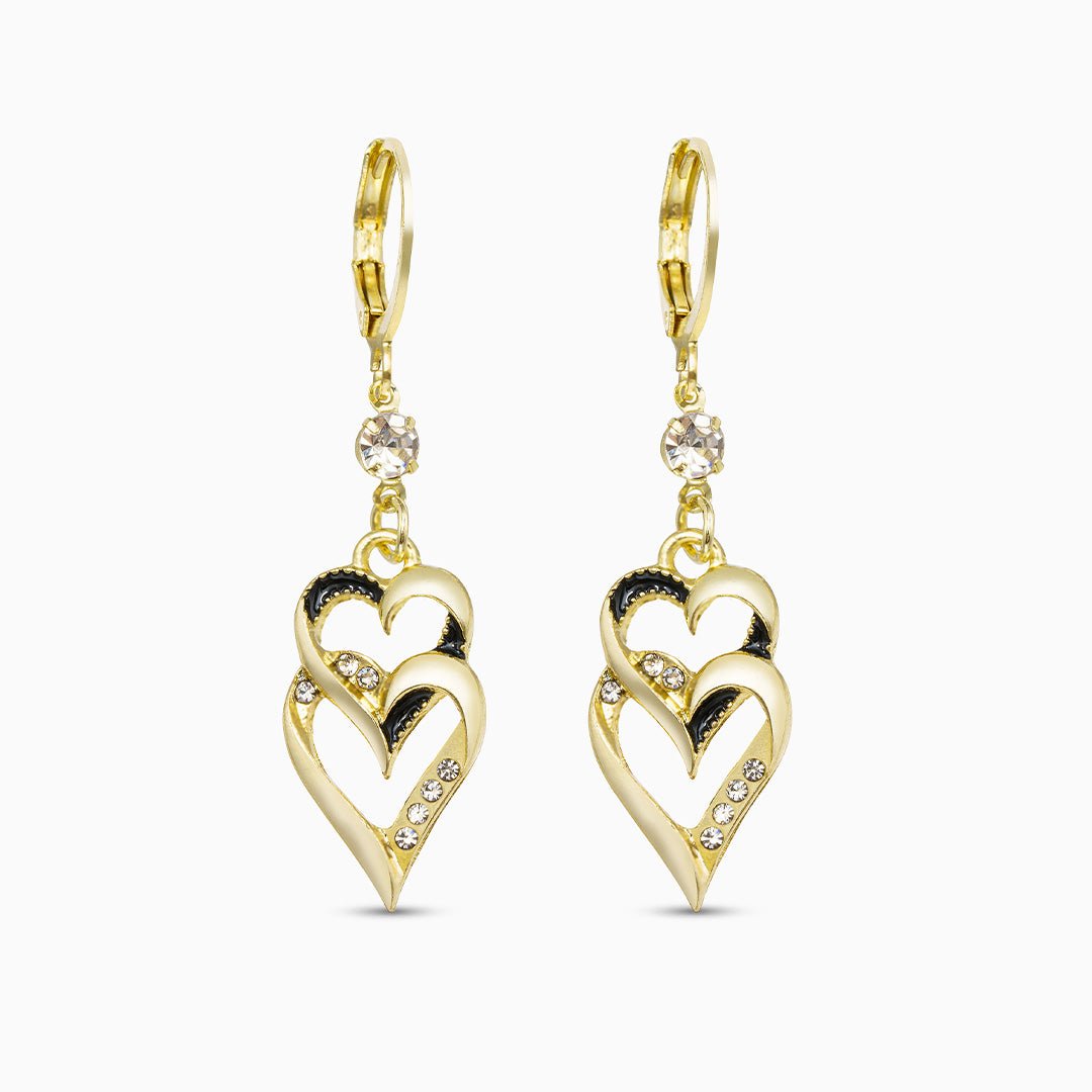 Double Heart Drop Earrings with Crystal Accents - Earrings