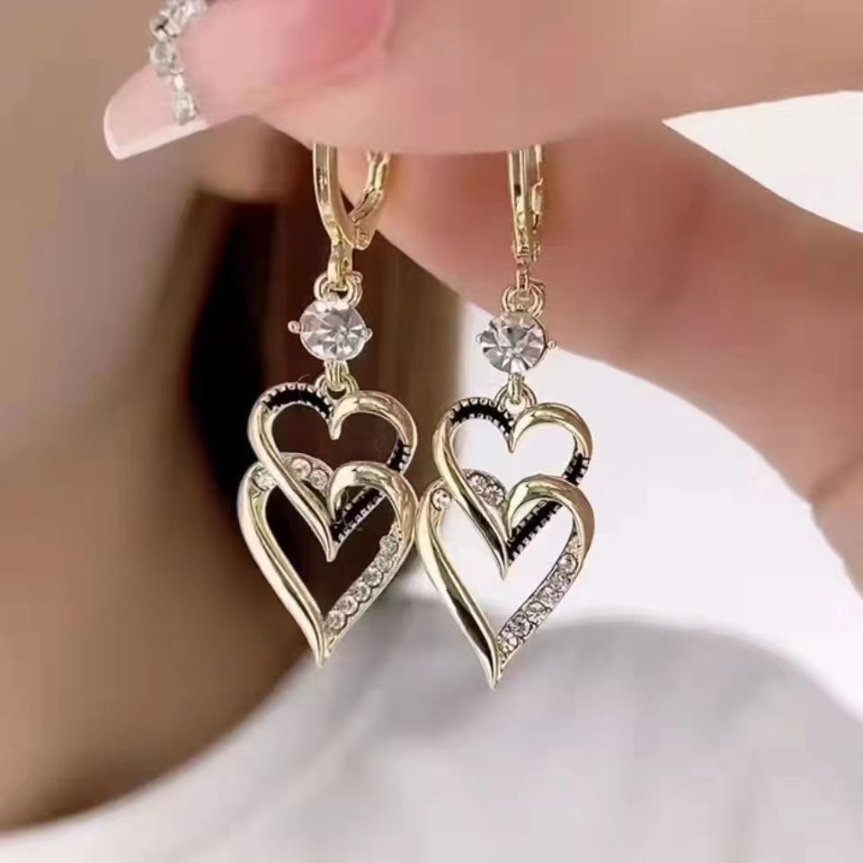 Double Heart Drop Earrings with Crystal Accents - Earrings