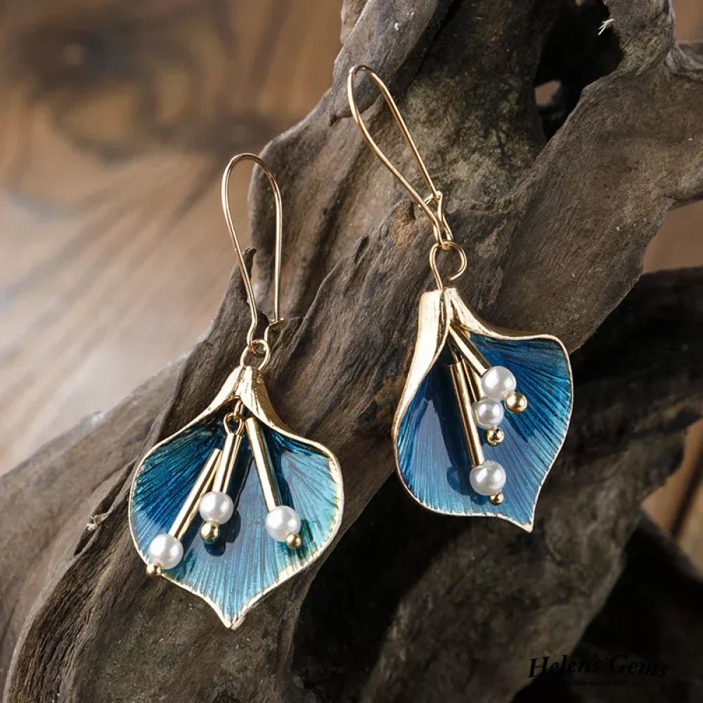 Elegant Blue Lily Floral Drop Earrings with Pearls - Earrings