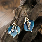 Elegant Blue Lily Floral Drop Earrings with Pearls - Earrings