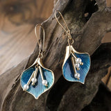 Elegant Blue Lily Floral Drop Earrings with Pearls - Earrings