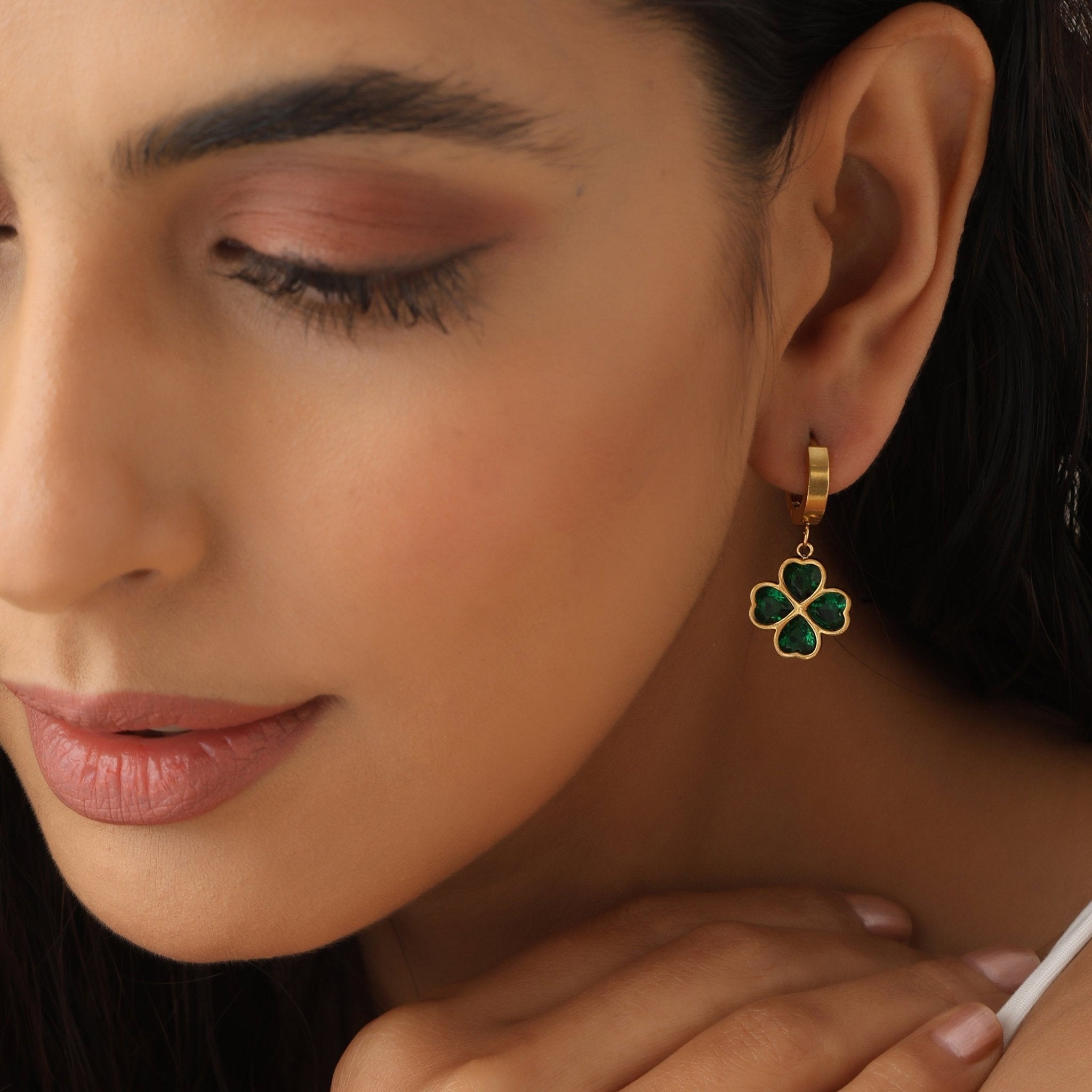 Emerald Clover Charm Hoop Earrings - earrings