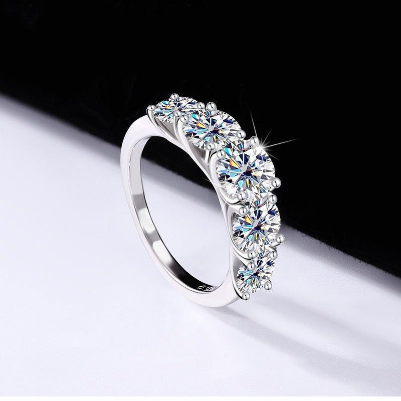 Five - Stone Sparkling Crystal Silver Ring - Ring