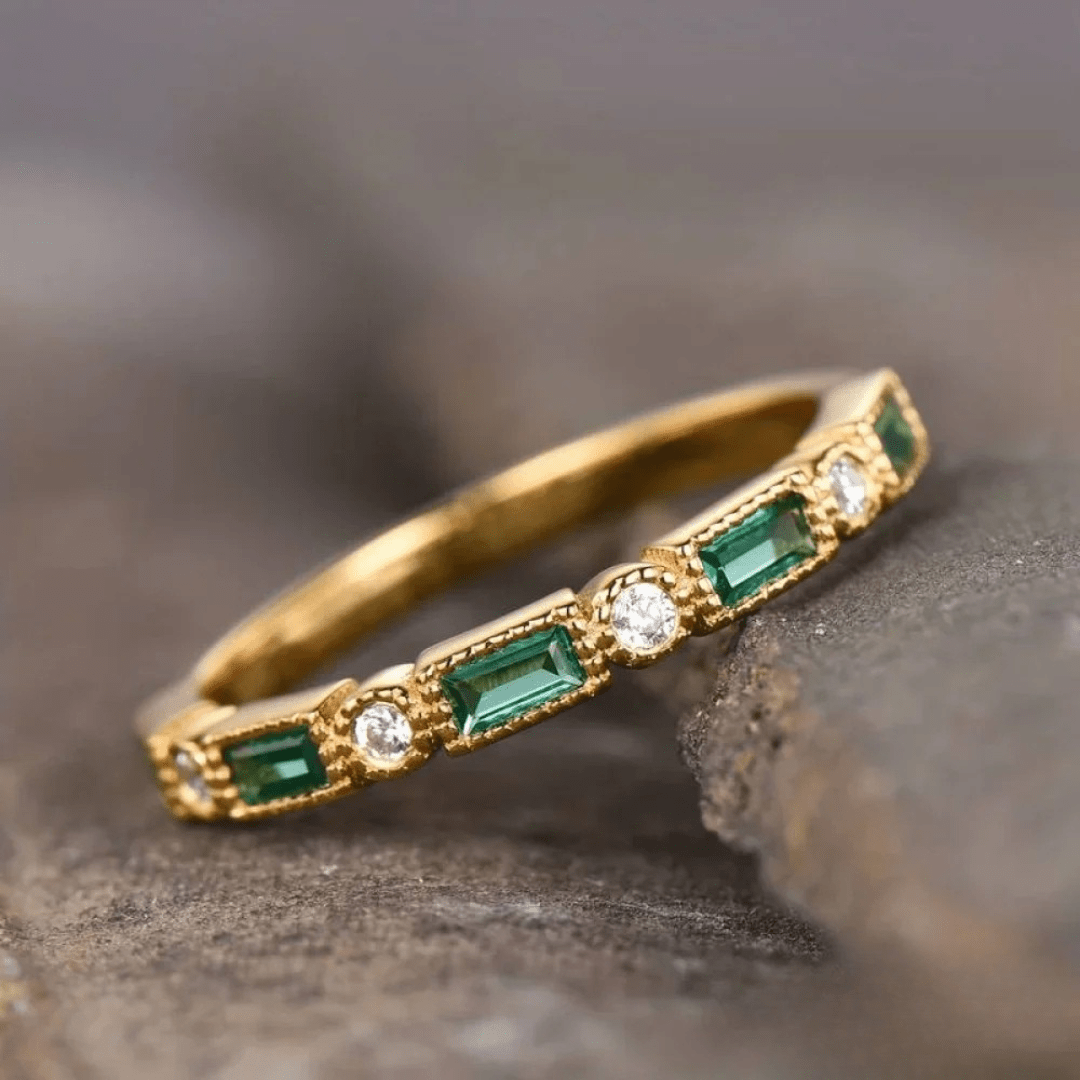 Gold Baguette Emerald and Diamond Stacking Band - Ring