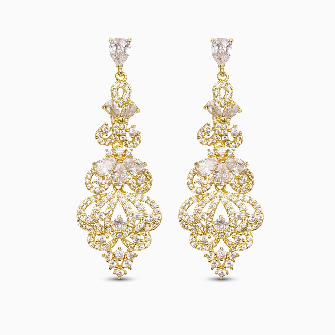 Gold Filigree Crystal Drop Earrings - Earrings