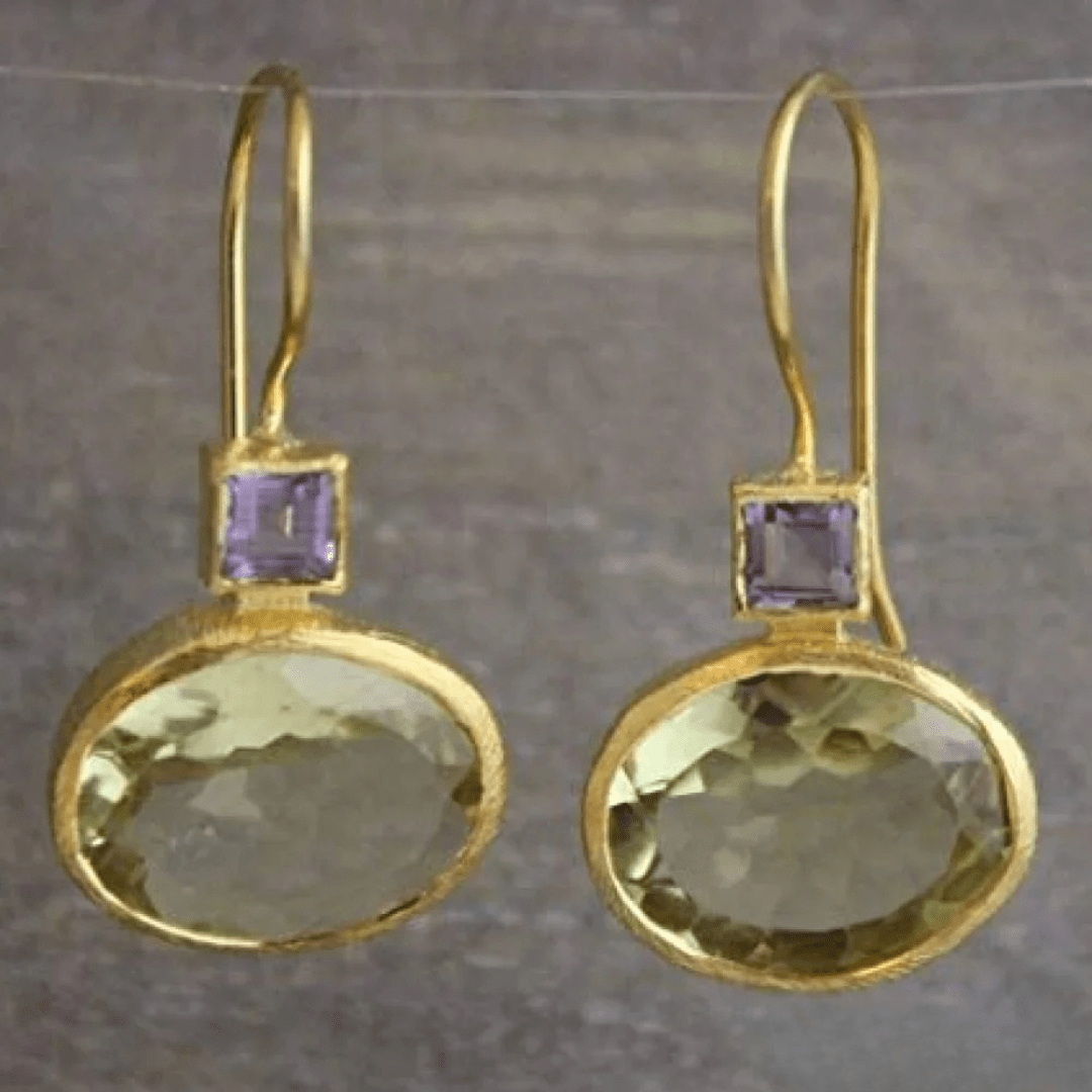 Gold - Framed Green Amethyst & Purple Square Gemstone Drop Earrings - Earrings