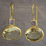 Gold - Framed Green Amethyst & Purple Square Gemstone Drop Earrings - Earrings
