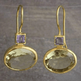 Gold - Framed Green Amethyst & Purple Square Gemstone Drop Earrings - Earrings